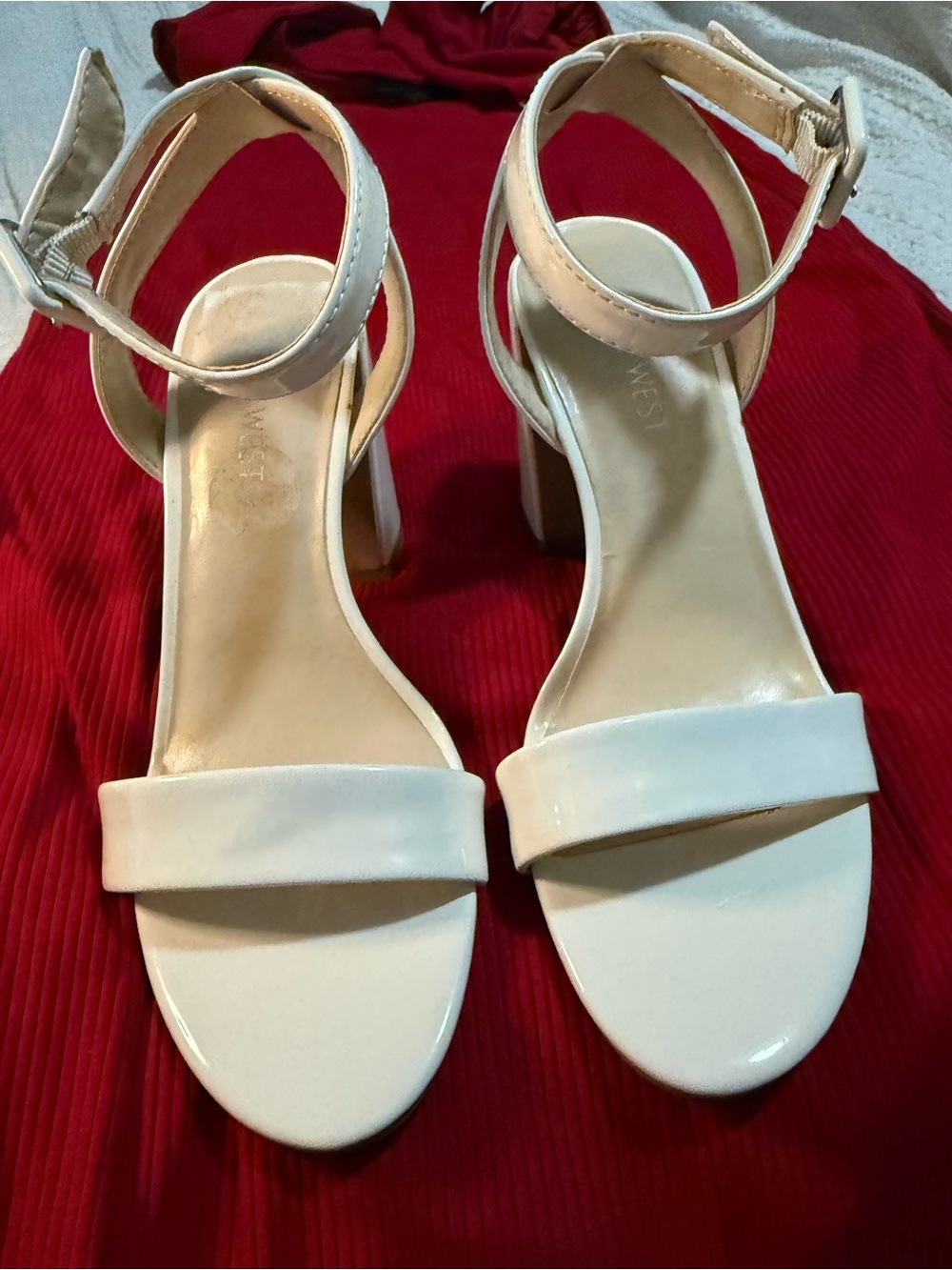 Nine West White Ankle Strap Block Heel Sandals